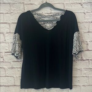 Grace & Emma Elegant Black Top with Leopard Print Sleeves